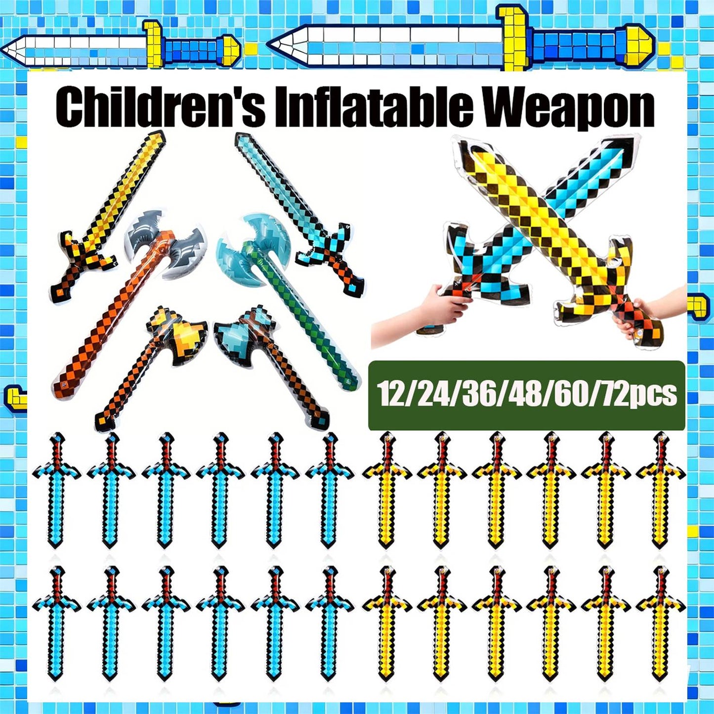 12-72Pcs Inflatable Weapons for Kids Pixel Diamond Swords Inflatable Sword for Theme Party Birthday Halloween Party Cosplay