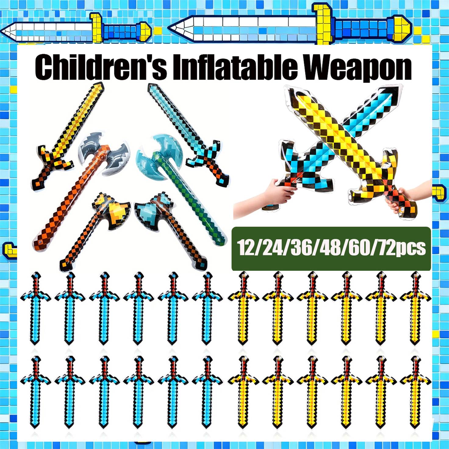 12-72Pcs Inflatable Weapons for Kids Pixel Diamond Swords Inflatable Sword for Theme Party Birthday Halloween Party Cosplay