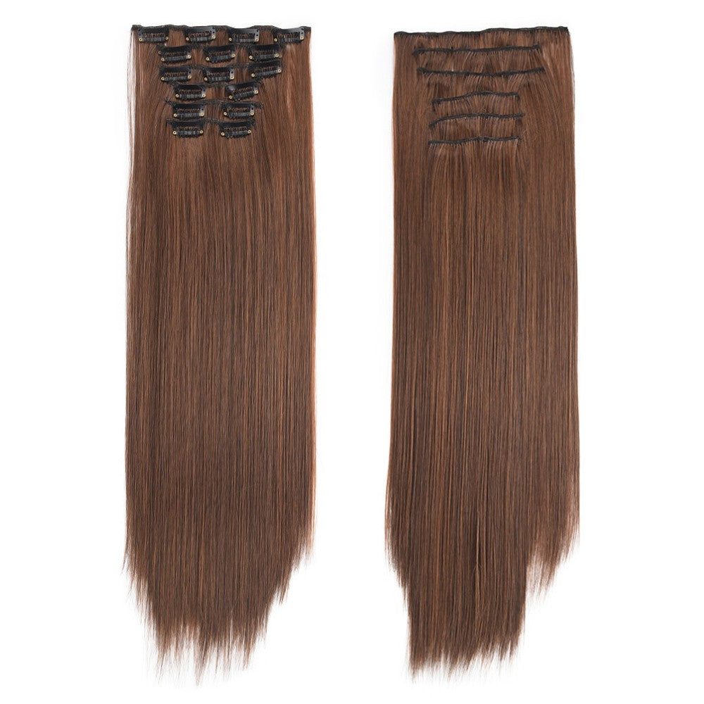 16 Presilhas em Apliques de Cabelo 60cm de Comprimento Liso Penteado Sintético Loiro Preto Perucas Resistente ao Calor Cabelo Falso 6Pçs/Conjunto