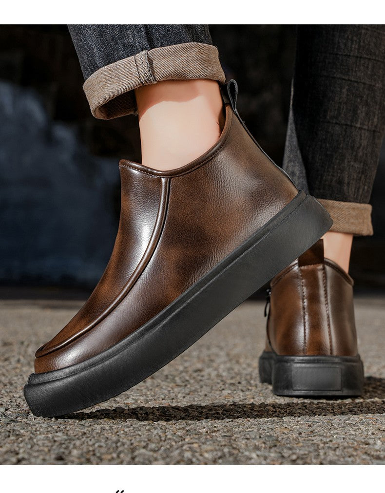 2025 Autumn New Leather Short Boots, Mid-calf Zipper Casual Outdoor Shoes, Anti-slip and Wear-resistant Men's Work Boots