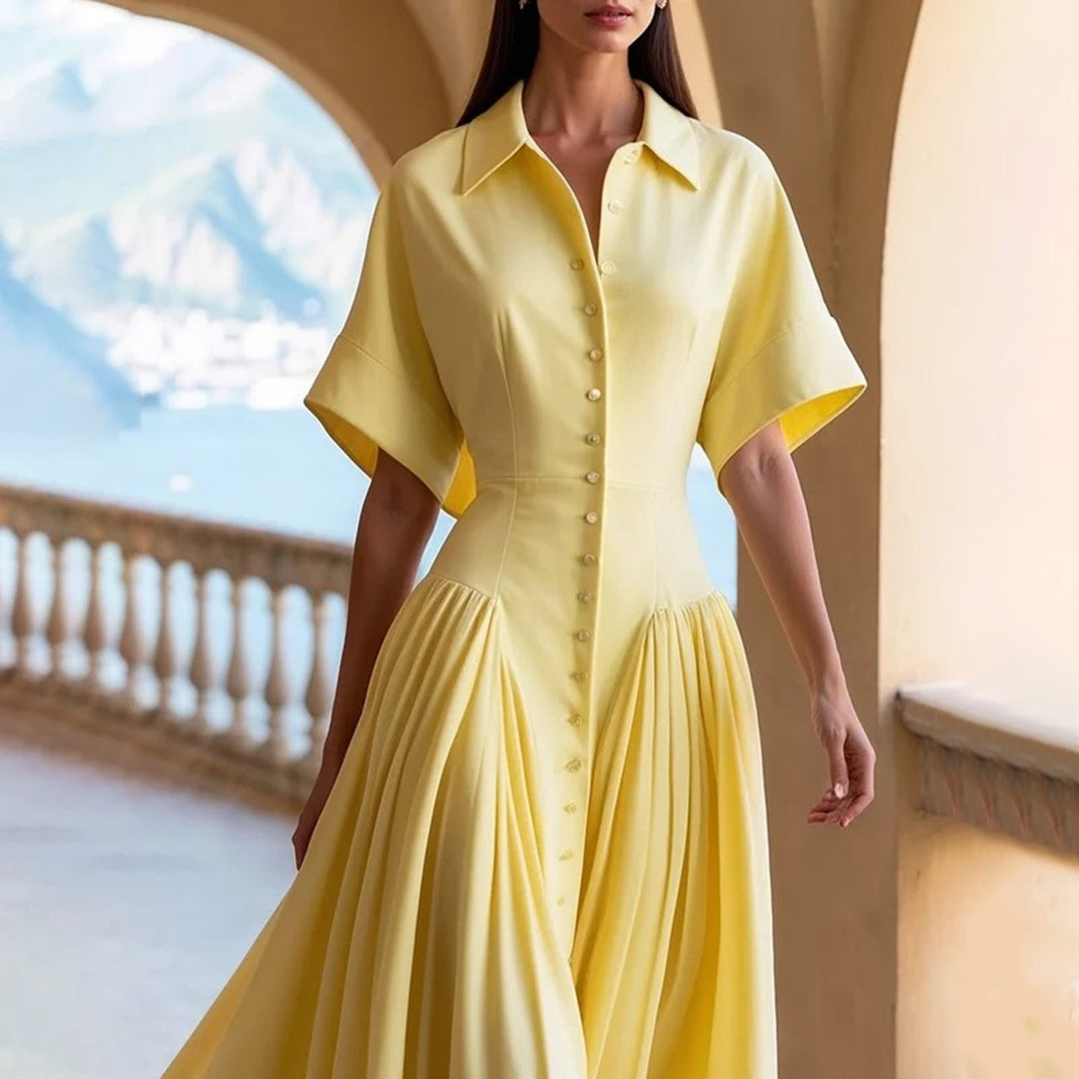Modigirl Woman Summer Elegant Midi Dresses 2025 High Waist Lapel Neck Short Slee