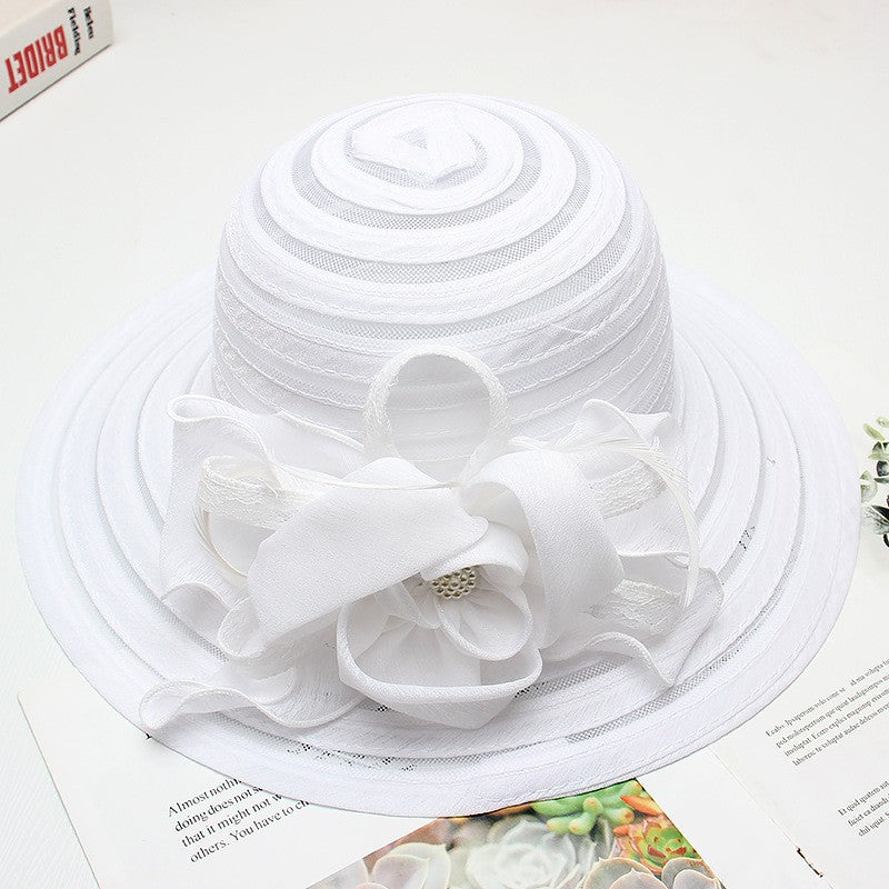 Novo Chapéu Feminino De Verão Em Organza Com Aba Larga E Flor Grande Fedora Elegante Para Casamento Igreja Festa