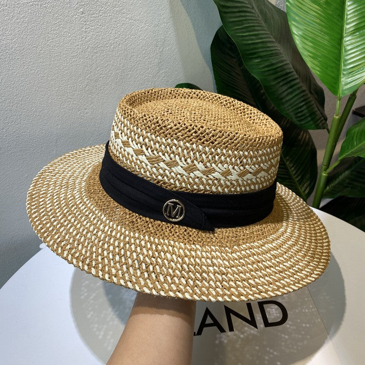 Chapéu de Palha Feminino de Verão Chapéu de Sol Luxuoso Feminino Chapéu de Praia de Proteção Solar da Moda Chapéu Panamá Francês Chapéu Raff de Aba Larga com Topo Abaulado