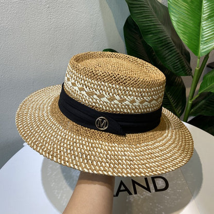 Chapéu de Palha Feminino de Verão Chapéu de Sol Luxuoso Feminino Chapéu de Praia de Proteção Solar da Moda Chapéu Panamá Francês Chapéu Raff de Aba Larga com Topo Abaulado