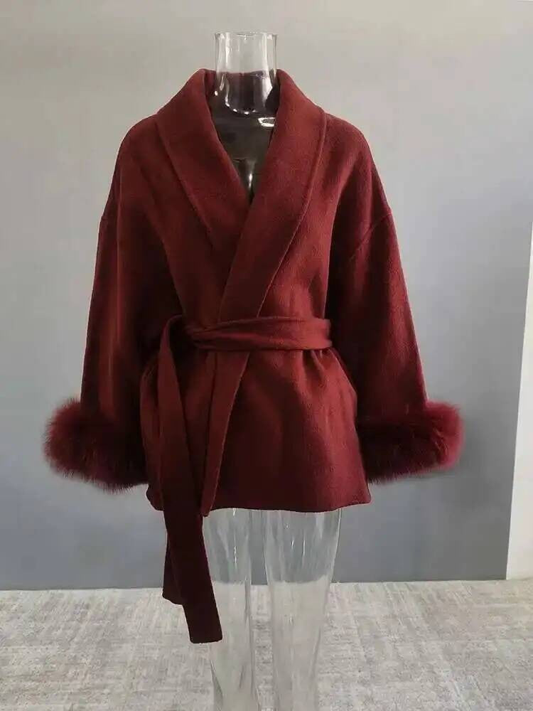 UCXQ Casaco Feminino Elegante OL para Escritório com Retalhos de Pelo Manga Comprida Lã Jaqueta de Roupa Feminina Bonita Outono Inverno 2025