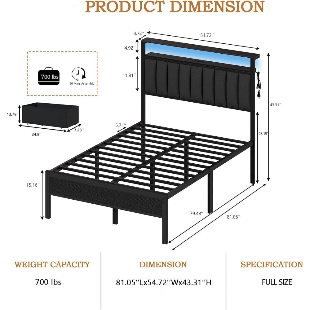 Bed Frame Charging Station and LED Lights,Grey Upholstered Headboard with Shelves,Metal Platform Bed with 2 Under-Bed Storage