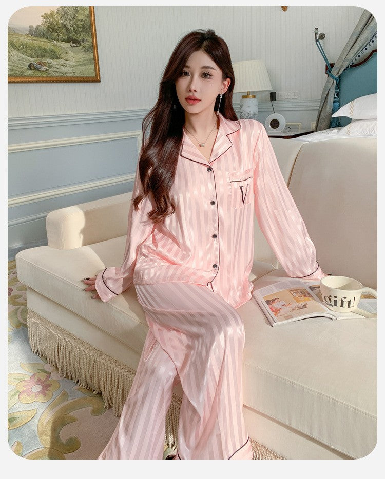 Women's Ice Silk Pajama Set Long Sleeve Long Pants Lightweight Sleepwear for Spring And Autumn Comfortable Homewear Pj Set