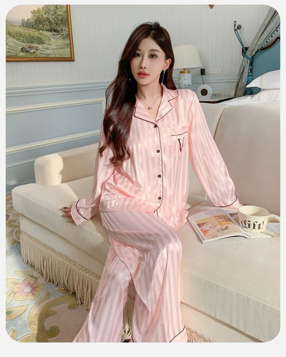 Women's Ice Silk Pajama Set Long Sleeve Long Pants Lightweight Sleepwear for Spring And Autumn Comfortable Homewear Pj Set