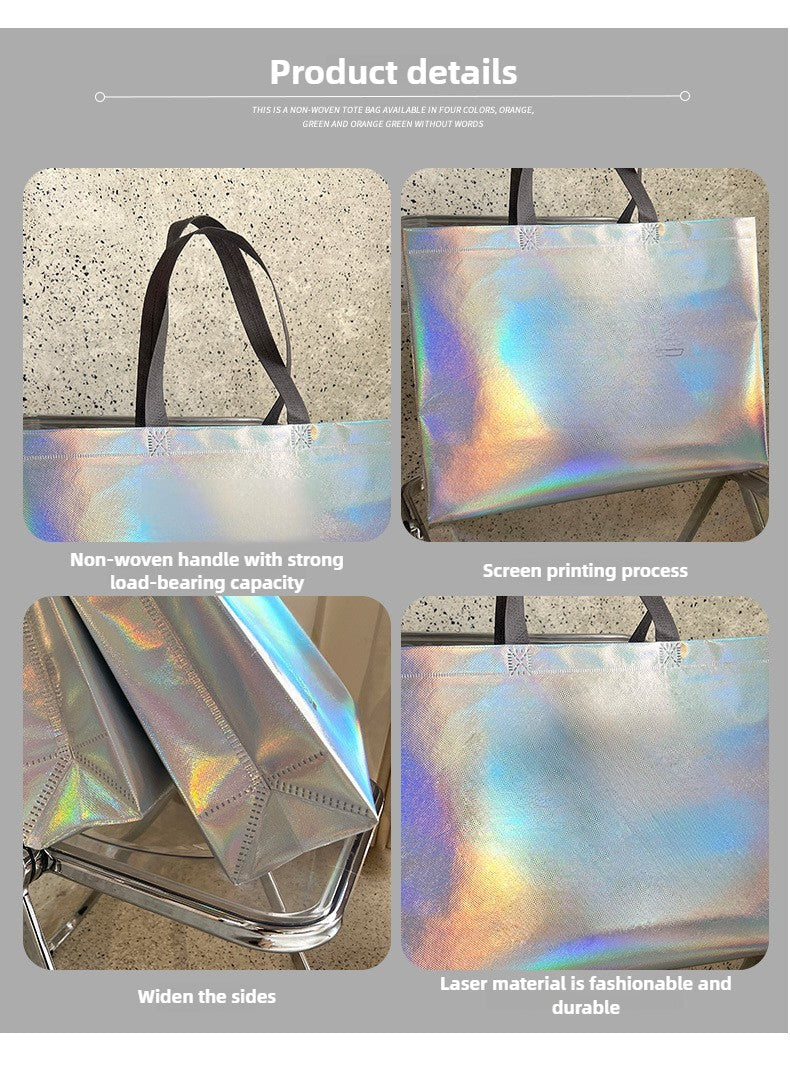 10Pcs Reusable Silver Laser Tote Bag Durable Non Woven Gift Shopping Bag for Wedding Bridesmaid Party Birthday Eco Friendly