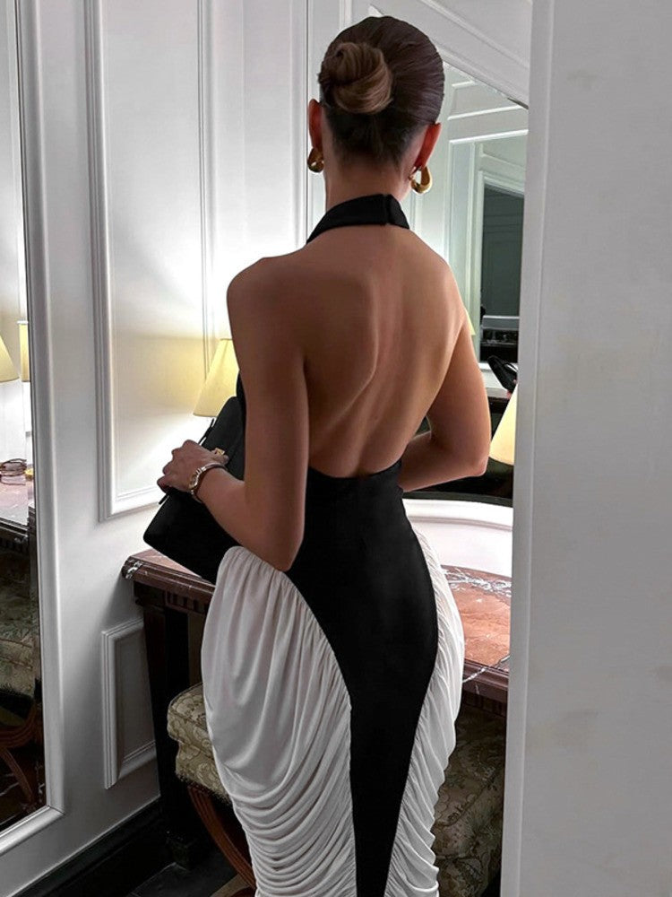 Mozision Patchwork Halter Backless Sexy Midi Dress Women Gown Elegant Fashion Co