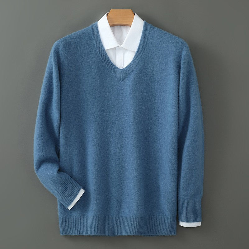 Autumn And Winter New Warm Pure Mink Cashmere Sweater Men's V-neck Pullover Thickened Plus Size Knitted Bottoming Shirt