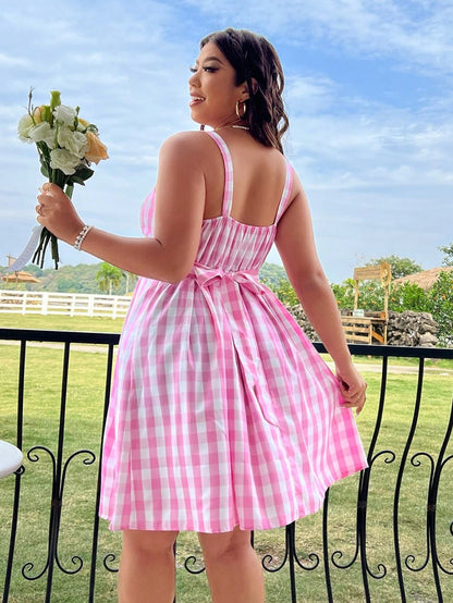 Plus Size Spring/Summer New Arrival Strapless Backless Dress Full Skirt Hem Holiday Beachwear Pink Checkered Dress