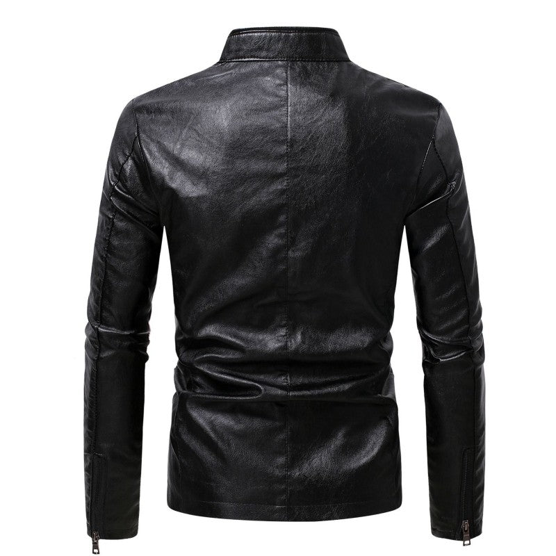 2024 Spring New Men's Business Casual Slim Long-sleeved Pu Leather Jacket Jacket Side Seam Pocket Zipper Solid Color