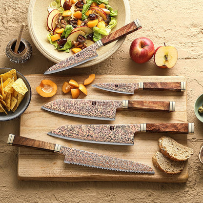 XINZUO Conjunto de 1-5 Peças de Facas para Legumes, Multiuso, Santoku, Chef, Bunka, Aço Damasco de Cobre Tricolor com 53 Camadas, Núcleo 12Cr18MoV, Dureza 60±2 HRC, com Caixa de Acácia