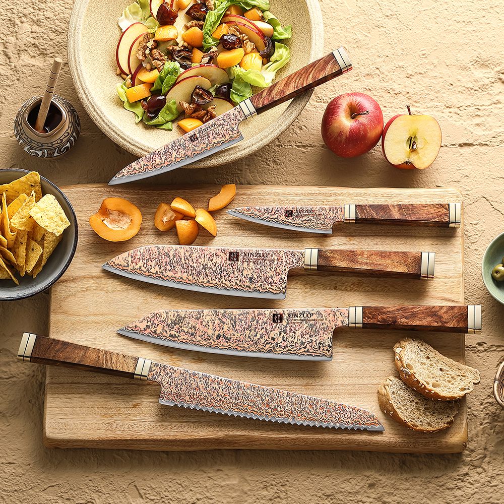 XINZUO Conjunto de 1-5 Peças de Facas para Legumes, Multiuso, Santoku, Chef, Bunka, Aço Damasco de Cobre Tricolor com 53 Camadas, Núcleo 12Cr18MoV, Dureza 60±2 HRC, com Caixa de Acácia