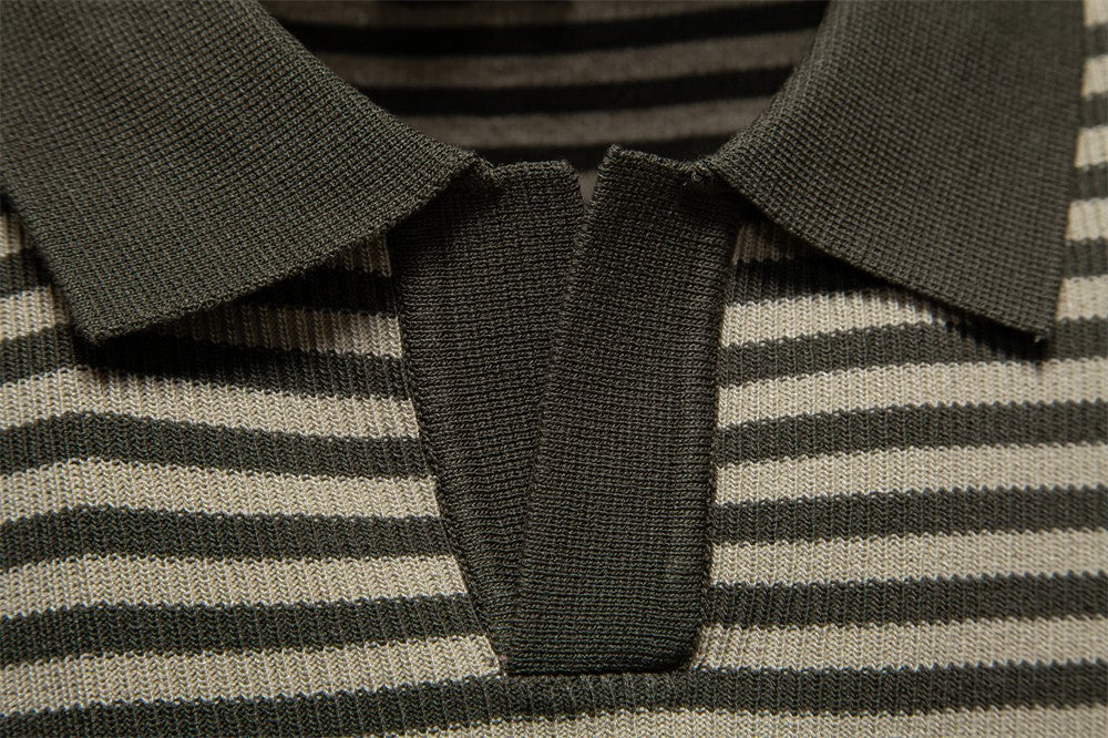 ?AIOPESON 2025 Men's Contrast Striped Polo Shirt - Lightweight V-Neck Knit Top with Breathable Textured Panels