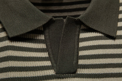 ?AIOPESON 2025 Men's Contrast Striped Polo Shirt - Lightweight V-Neck Knit Top with Breathable Textured Panels