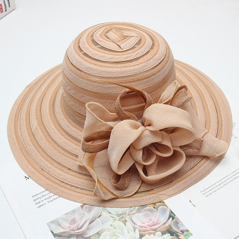 Novo Chapéu Feminino De Verão Em Organza Com Aba Larga E Flor Grande Fedora Elegante Para Casamento Igreja Festa