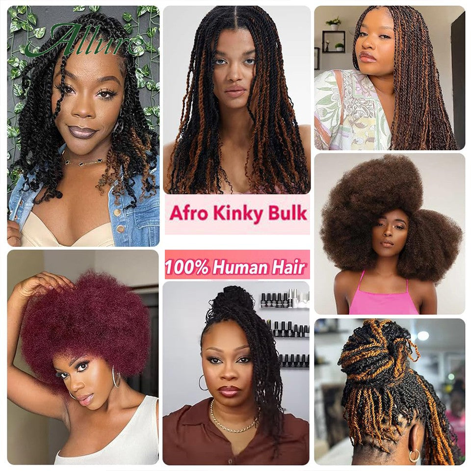 Cabelo Humano Afro Kinky Bulk QVR para Mini Twist, Tranças, Extensões de Dread Locs e Crochet, Cabelo Afro Kinky Cacheado Bulk para Dreadlocks 50g
