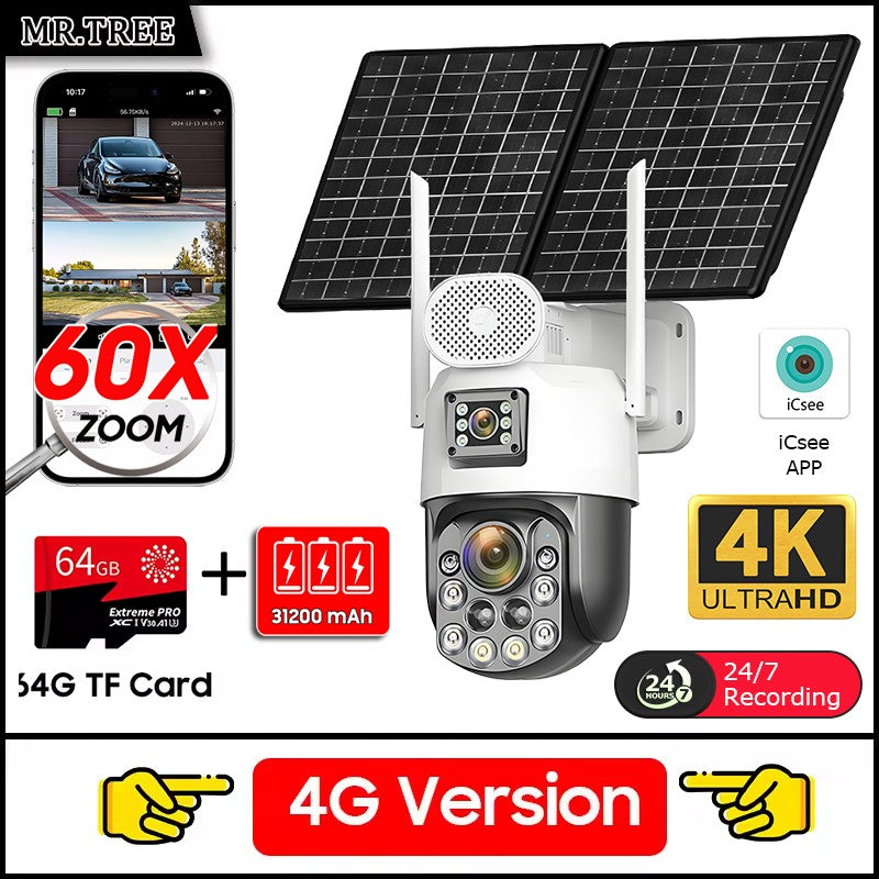 Câmeras de segurança solares externas 4K, 4G SIM, 2 lentes/tela, zoom óptico de 60x, rastreamento automático, PTZ 360°, câmera IP para vigilância residencial