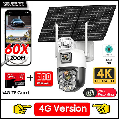 Câmeras de segurança solares externas 4K, 4G SIM, 2 lentes/tela, zoom óptico de 60x, rastreamento automático, PTZ 360°, câmera IP para vigilância residencial