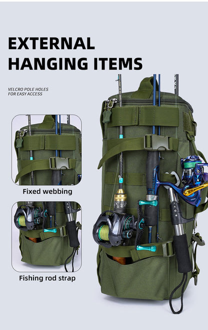 Mochila Tática de Pesca com Porta-Varas, Bolsa para Apetrechos de Pesca, Armazenamento de Equipamentos de Pesca, Sistema Molle, para Acampamento, Caminhada, Bolsa Multifuncional para Exteriores