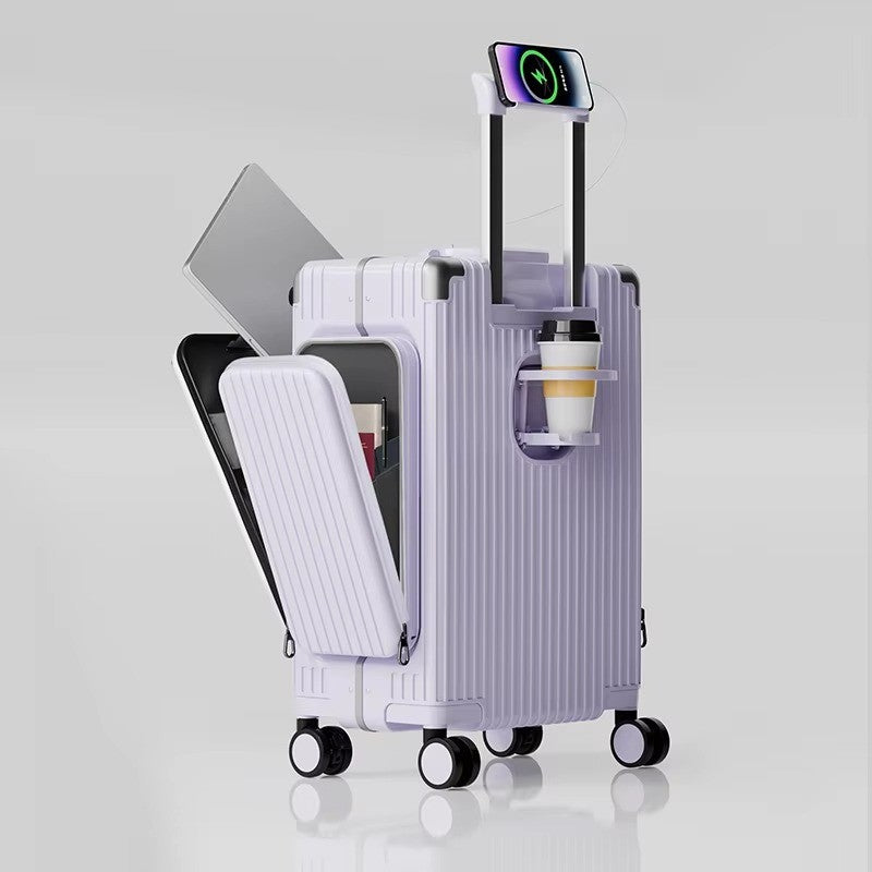 Tri-Zone Access Opening Suitcase Aluminum Frame PC Material Travel Case with Spinner Wheels Cup Holder TSA Lock Rolling Luggage