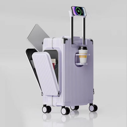 Tri-Zone Access Opening Suitcase Aluminum Frame PC Material Travel Case with Spinner Wheels Cup Holder TSA Lock Rolling Luggage