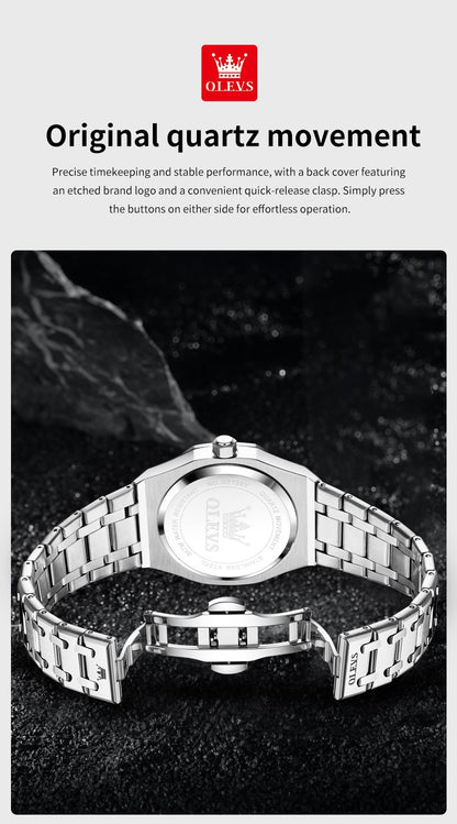 OLEVS Men's Watches Luxury Fashion Fine Steel Original Quartz Wristwatch for Man Waterproof Luminous Date Week Trend Dress 3726