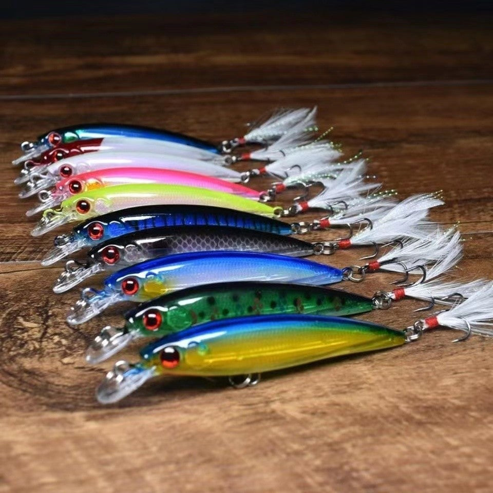 Isca de Pesca Laser Minnow 10/5 Peças Biónica Artificial 9cm/7g Isca Dura Flutuante com Anzol de Pena Wobbler Pesca para Baixo Lúcio