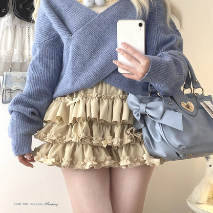 Y2K Sweet Ruffles Mini Skirt Women Kawaii Lolita Bow A Line Skirts Harajuku Japanese Cute High Waist Pink Blue Cake Skirt