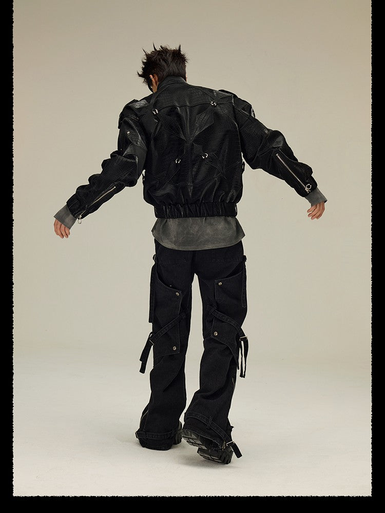 Mauroicardi Spring Autumn Cool Short Shiny Black Crocodile Print Pu Leather Jacket Men Luxury Designer Y2K Streetwear Clothes