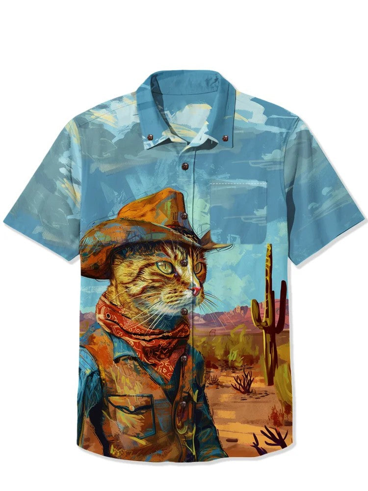 Men's Shirt Summer Casual Fashion Short Sleeve 3D Printed Denim Red Kitten Print Men's Hawaiian Lapel Single Breasted Shirt