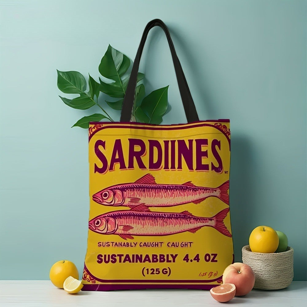1pc Sardine Chic Polyester Tote Bag Lightweight Durable Fabric for Work School Shopping Gifts Sardine Gifts Everyday Carry Bag