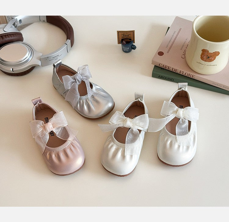 Baby Girl Princess Shoes Shine Surface Korean Style Lace Bow Casual Flats Non-Slip Toddler Kid Wedding Party Adorable Baby Shoes