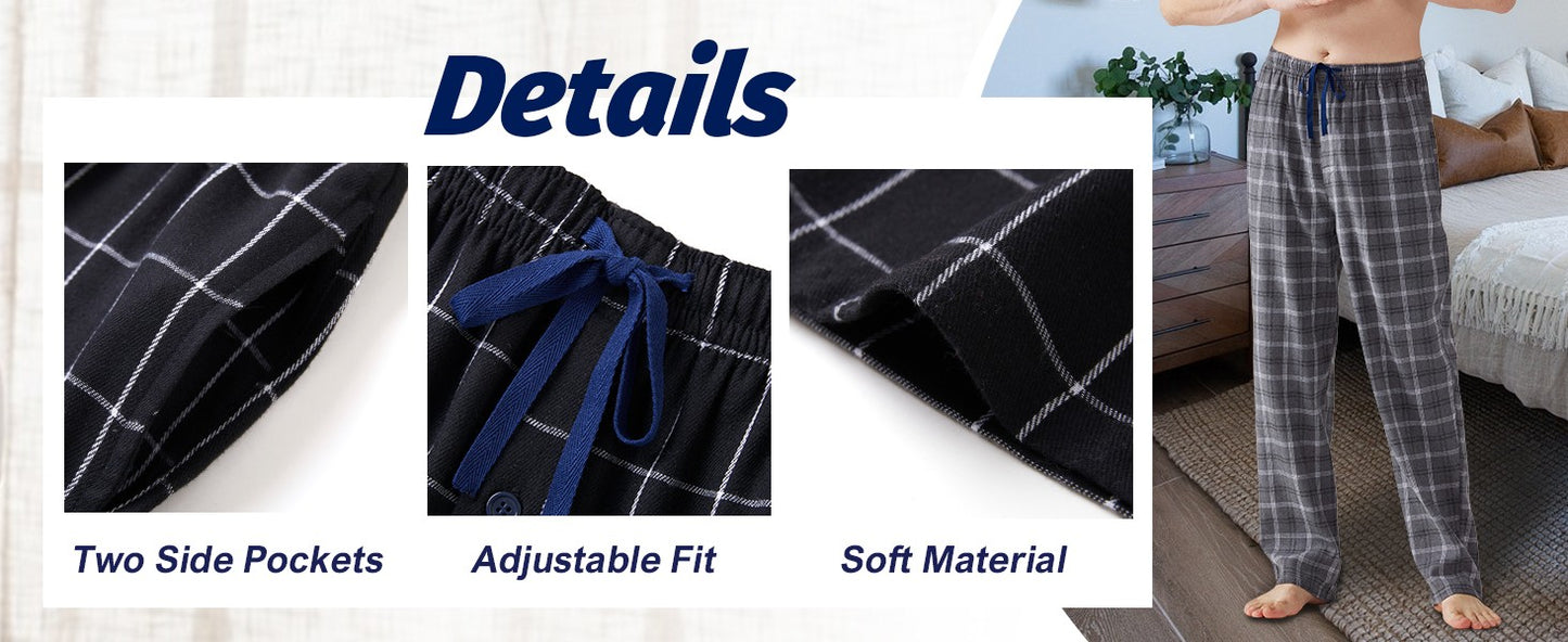 3pcs Mens Pajamas Pants with Pockets Flannel Soft Warm Plaid Pajamas Bottoms Autumn and Winter Daily Loungewear Sleepwear