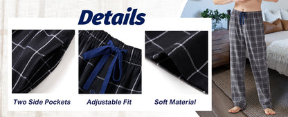 3pcs Mens Pajamas Pants with Pockets Flannel Soft Warm Plaid Pajamas Bottoms Autumn and Winter Daily Loungewear Sleepwear