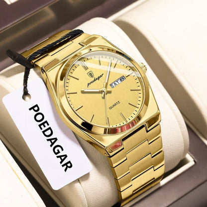 POEDAGAR Fashion Classic Man Watch Waterproof Luminous Date Week Luxury Men Watch Stainless Steel Quartz Business Men's Watches