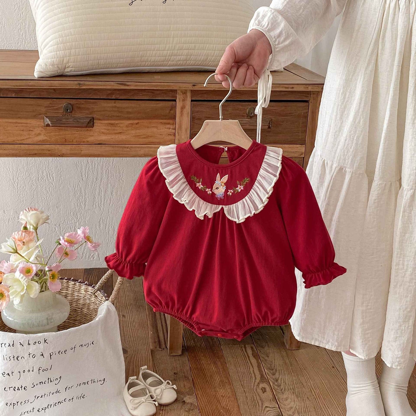 Newborn Christmas Red Clothes Autumn Kids Baby Girls Sweet Petal Collar Princess Rompers Infant New Baby Girls Rompers Clothes