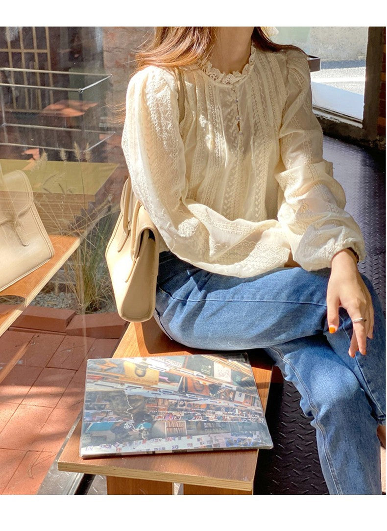 Autumn Lcae Embroidery Long Sleeve Women Blouses Office Lady ELegant Casual Button Shirts Sweet Clothing