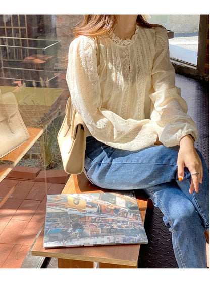 Autumn Lcae Embroidery Long Sleeve Women Blouses Office Lady ELegant Casual Button Shirts Sweet Clothing