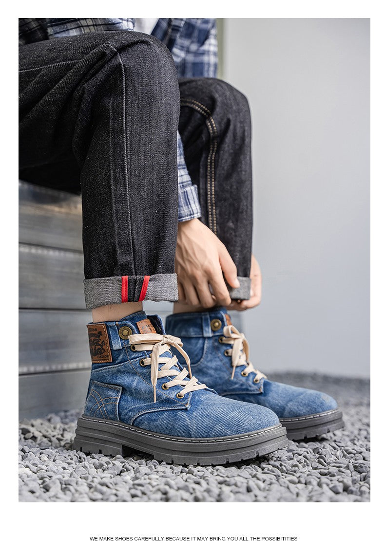 Retro blue men's denim boots, lace-up thick-soled boots, men's ankle boots, casual men's work shoes, Botas Hombre, size 48