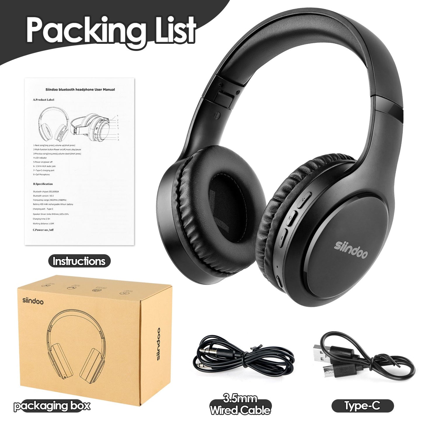 Siindoo Wireless Bluetooth Headphones JH-919 Foldable Stereo Earphones Super Bass Noise Canceling Mic Headset For TV PC Black