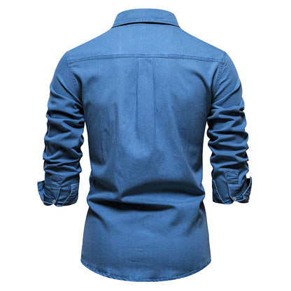 2023 New Autumn Men's Denim Shirt Cotton Elastic Casual Social Design Double Pockets Slim Jeans Shirts for Men