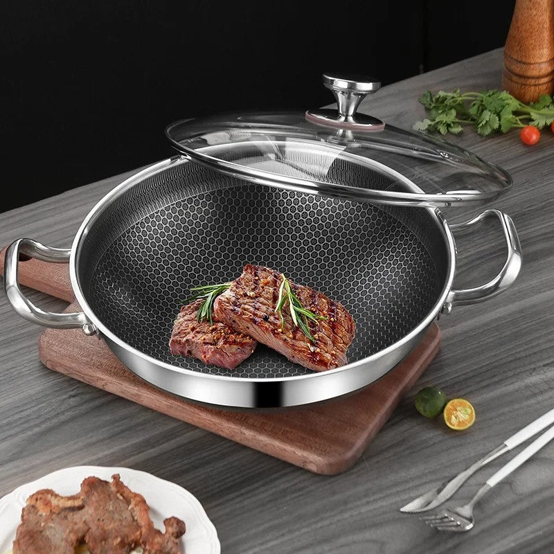 32cm Panela de Fritura em Aço Inoxidável 304, Antiaderente de Grau Alimentício, Fundo de Panela Tipo Colmeia, Panela Wok de Uso Geral para Fogão a Gás e de Indução