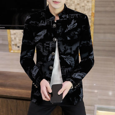 Luxury Retro Velvet Suit Jacket for Men Fashion Slim Fit Stand Collar Blazer Masculino Casual Business Wedding Dress Coat