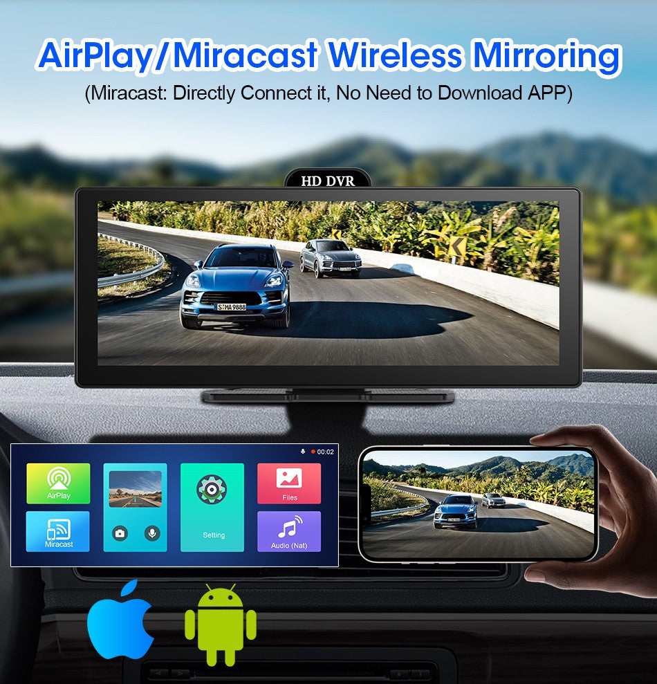 Gravador de Vídeo DVR 4K de 10/11,26 Polegadas com CarPlay e Android Auto Sem Fio, Câmera Veicular, Áudio Bluetooth, Navegação GPS e Duas Lentes para Painel