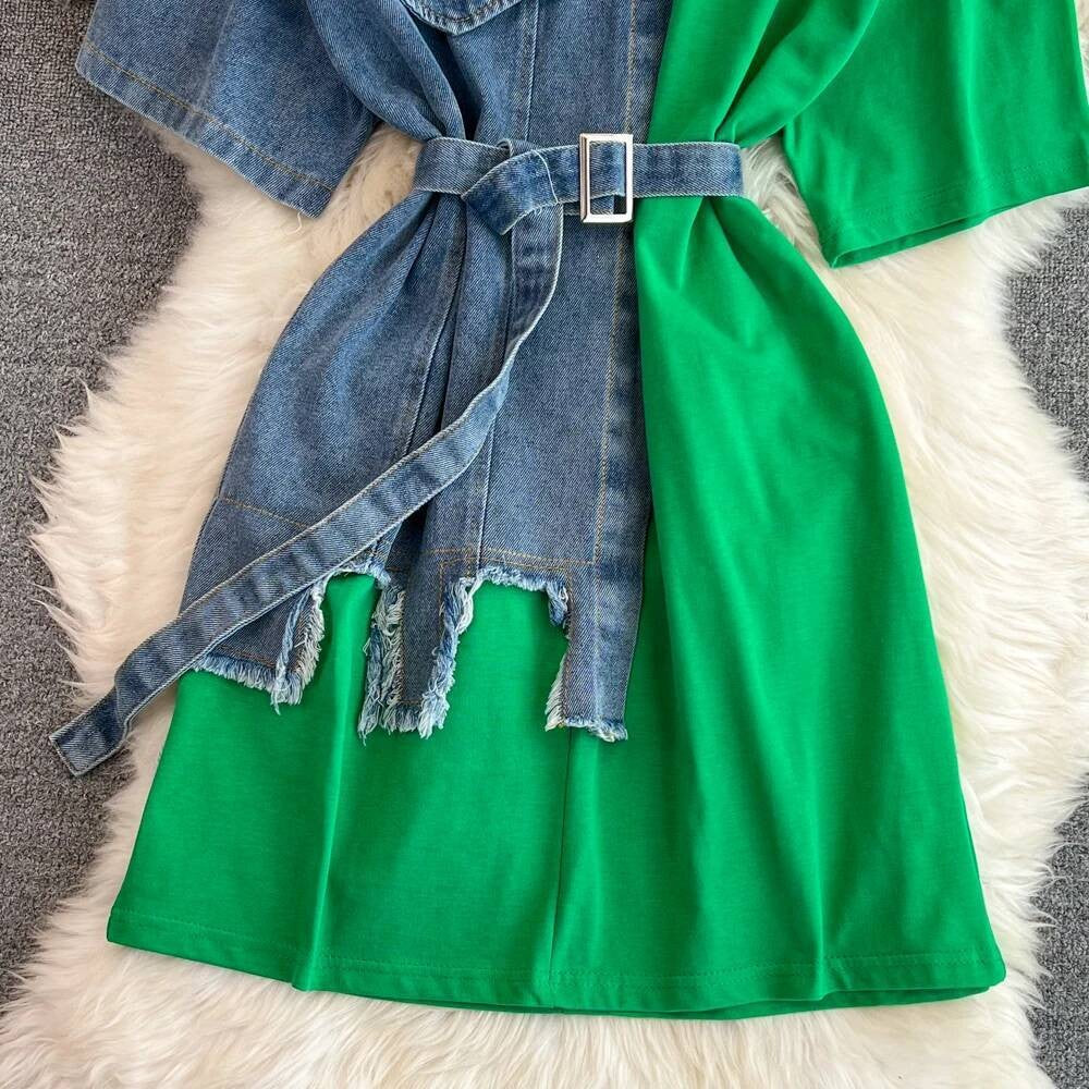 XFPV Women's Sweet high Waist Wrap Belt Round Neck patchwork Denim Shirt  Chic Top Y2k Korean Fashion Spring Summer 2025 SM11327