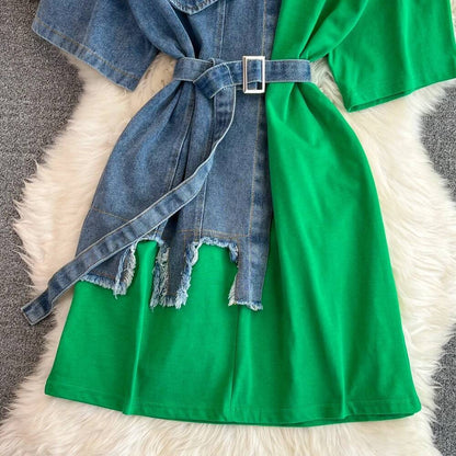 XFPV Women's Sweet high Waist Wrap Belt Round Neck patchwork Denim Shirt  Chic Top Y2k Korean Fashion Spring Summer 2025 SM11327