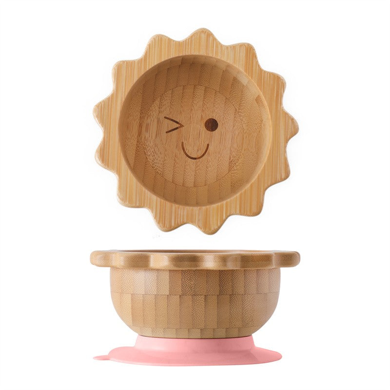 Baby Wooden Tableware Set Could Bamboo Wooden Plate Bowl Silicone Suction Wooden Handle Fork Spoon for Children Feeding Supplies